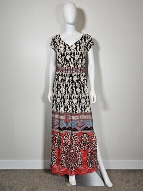 Vanessa Virginia Patterned Silk V-Neck Maxi Dress in Black Cream & Red Sz 8